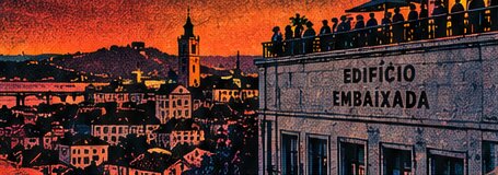 Illustration of the Edifício Embaixada terrace above the old town of Coimbra at dusk