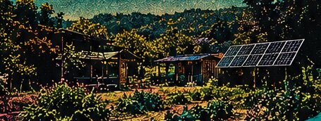 Illustration of Eva Farm: wooden buildings, vegetable beds and solar panels