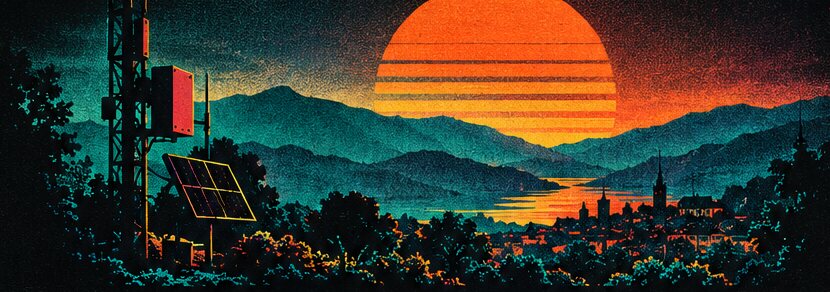 Illustration of a solar-powered radio mast above a valley at sunset, with Coimbra on the river